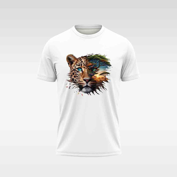 Cotton DTF T Shirt - White Abstract Cheetah