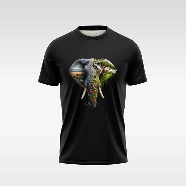 Cotton DTF T Shirt - Black Abstract Elephant