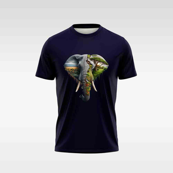 Cotton DTF T Shirt - Navy Abstract Elephant