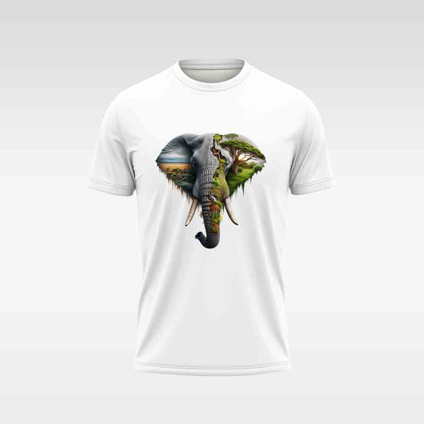 Cotton DTF T Shirt - White Abstract Elephant