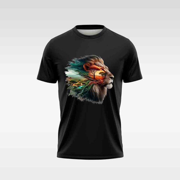 Cotton DTF T Shirt - Black Abstract Lion