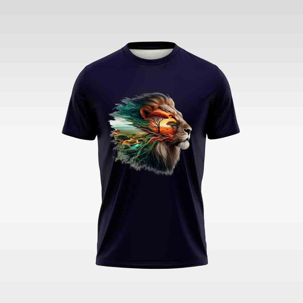 Cotton DTF T Shirt - Navy Abstract Lion