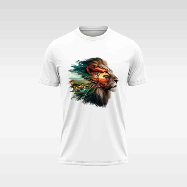 Cotton DTF T Shirt - White Abstract Lion