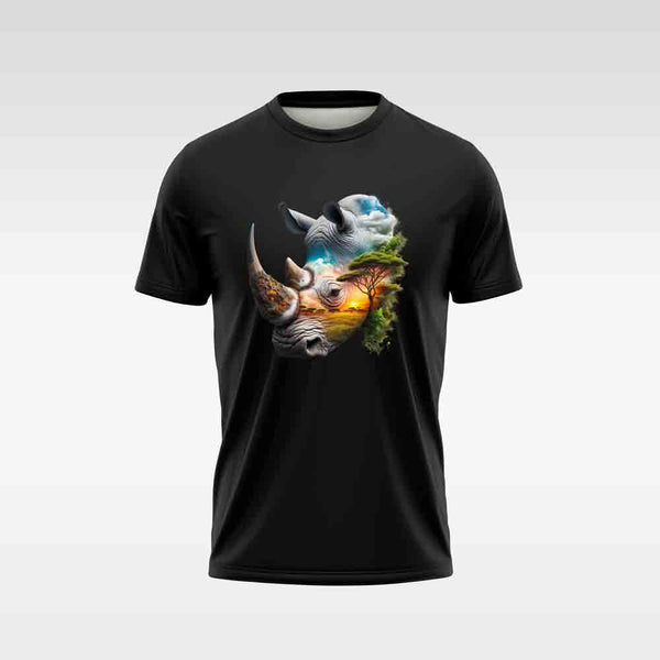 Cotton DTF T Shirt - Black Abstract Rhino