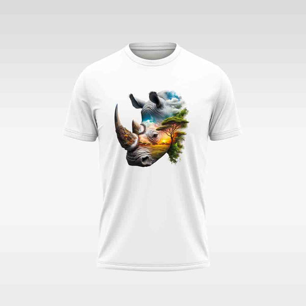 Cotton DTF T Shirt - White Abstract Rhino