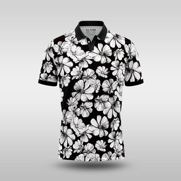 Monochrome Mens Golf Shirt - Black Floral