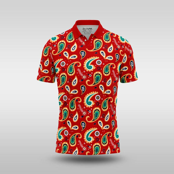 Funky Mens Golf Shirt - Red Paisley