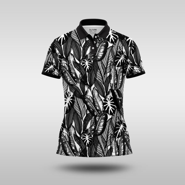 Ladies Modern Monochrome Golf Shirt - Tropical Leaves