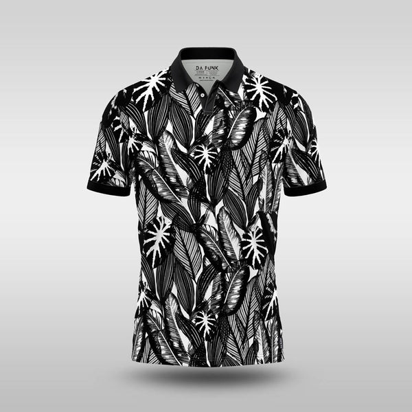 Monochrome Mens Golf Shirt - Tropical Leaves